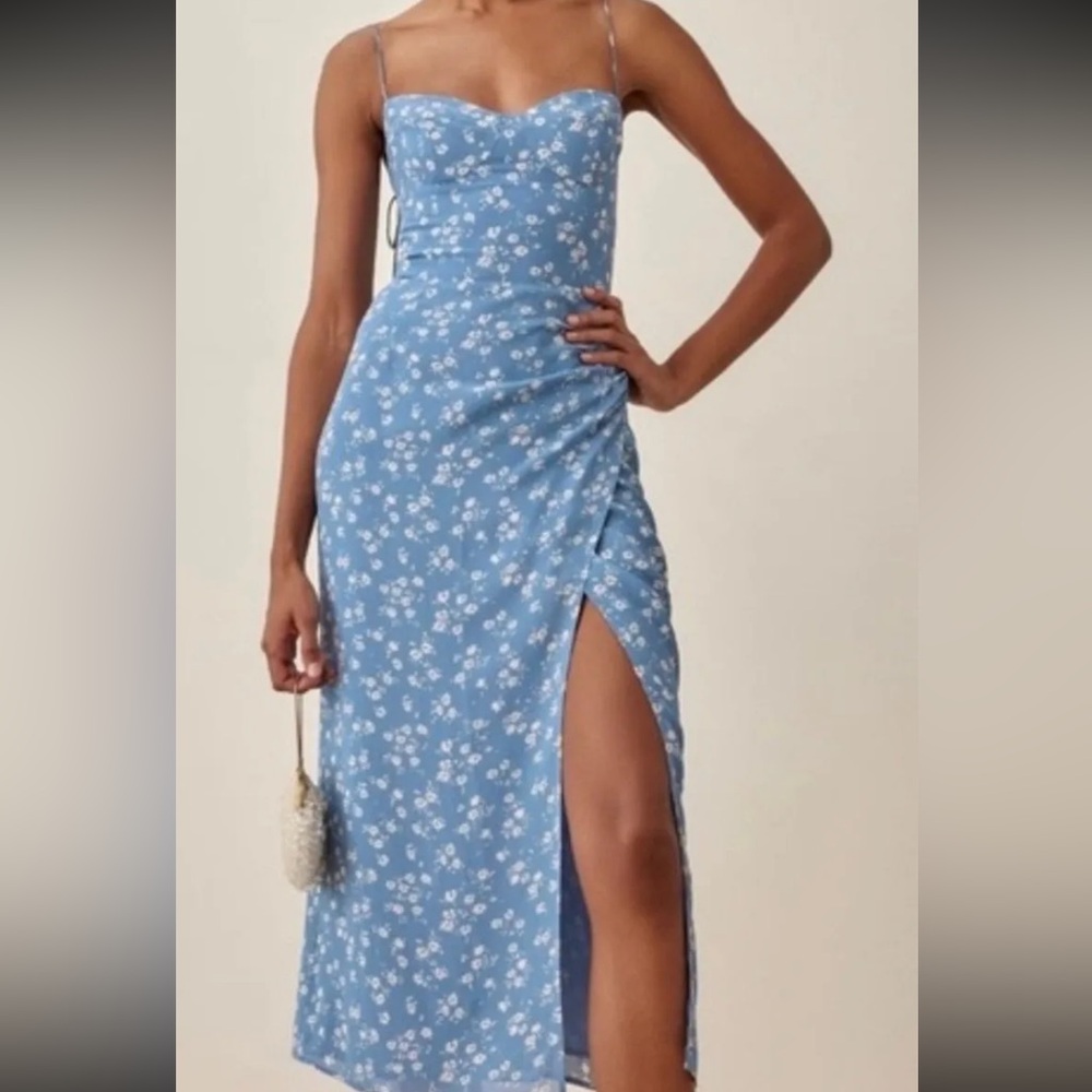 Reformation Blue Floral Midi Slip Dress with Thigh Slit